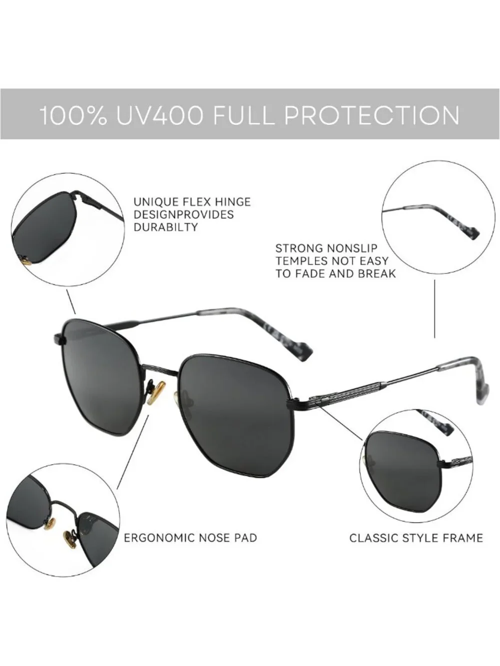 Stylish Polarized Hexagon Sunglasses for Men & Women - UV400 Protection, Metal